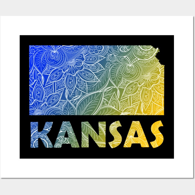 Colorful mandala art map of Kansas with text in blue and yellow Wall Art by Happy Citizen